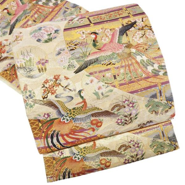 1800織　袋帯 中古 リサイクル 正絹 フォーマル 仕立て上がり 六通 花鳥模様 鳳凰 箔糸 練色 多色 金 きもの北條 A1096-11 1800織 袋帯 中古 リサイクル 正絹 フォーマル 仕立て上がり 六通 花鳥