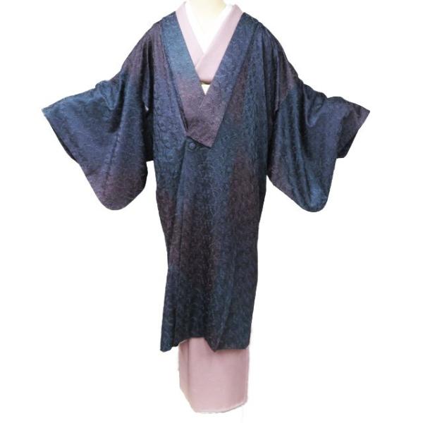 コート 道中着 着物 総刺繍 中古 正絹 地模様 葉っぱ模様 紫鼠系色 紺  