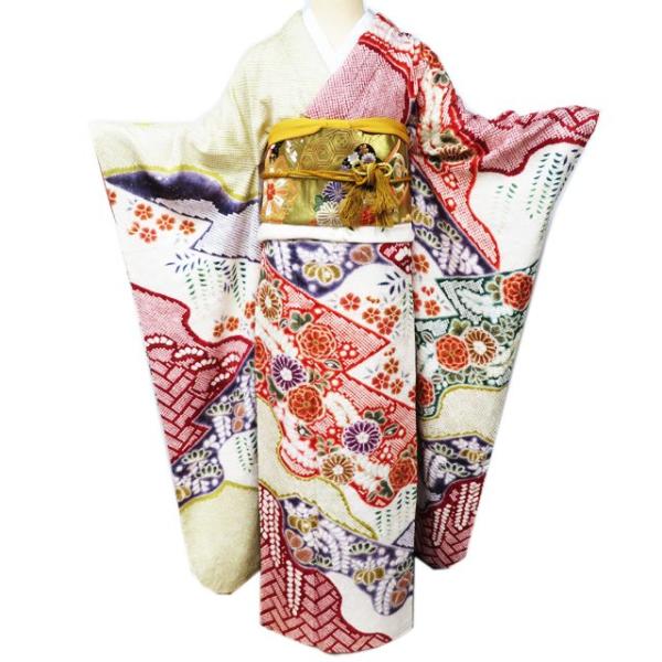 振袖 襦袢 袋帯 3点 セット 着物 中古 正絹 花模様 絞り 地模様 乳白色