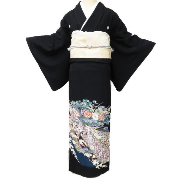 黒留袖 着物 中古 正絹 袷 フォーマル 紋付 五つ紋 作家物 落款 花の図  