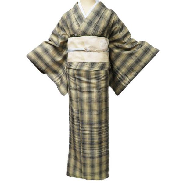 紬 付け下げ 付下げ 着物 中古 正絹 袷 カジュアル 麦藁色 黒色 多色  