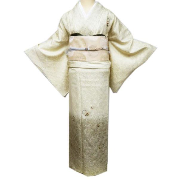 付下げ 付け下げ 訪問着 着物 未使用 刺繍 雪輪に花 鹿の子 女郎花色