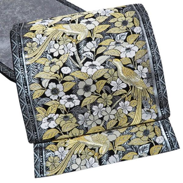 袋帯 中古 リサイクル 正絹 フォーマル 仕立て上がり 六通 花鳥模様 尾長鳥 箔糸 黒色 白色 金銀 きもの北條 A1104-12 袋帯 中古 リサイクル 正絹 フォーマル 仕立て上がり 六通 花鳥模様
