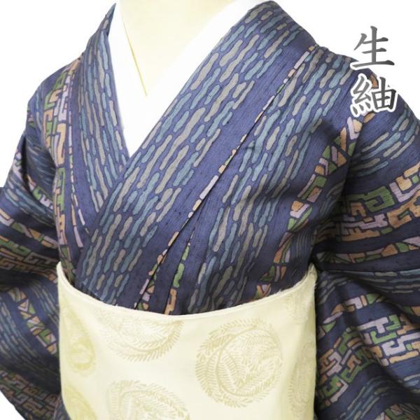 生紬 着物 中古 正絹 袷 カジュアル 幾何学模様 灰みの青系色 多色 身丈153cm 裄63cm SA きもの北條 A1106-5 生紬 着物 中古 正絹 袷 カジュアル 幾何学模様 灰みの青系色 多色