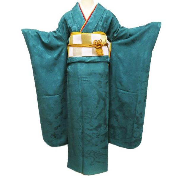 振袖 着物 中古 正絹 地模様 束ね熨斗 花模様 菊 翠色 身丈168cm 裄66cm L トール きもの北條 A1110-5 kimono-hojo_a1110-5