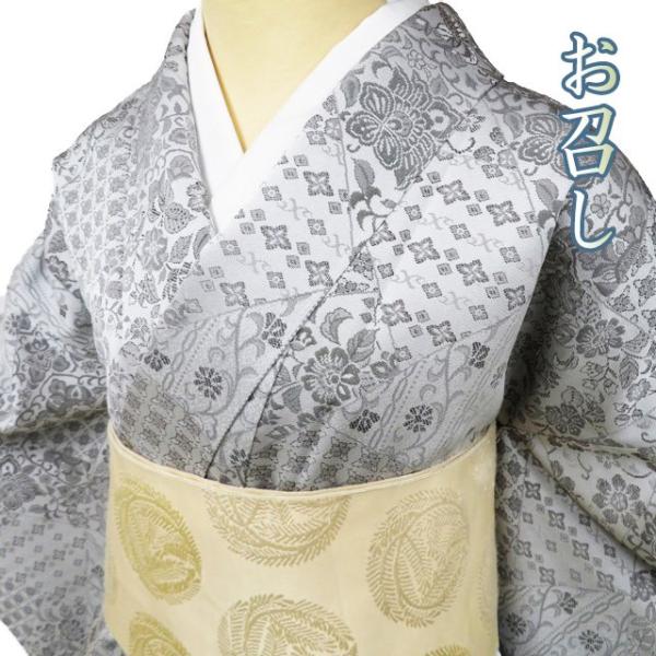 特選 お召し 御召 着物 未使用 正絹 袷 カジュアル 裂取り 花模様 絹鼠