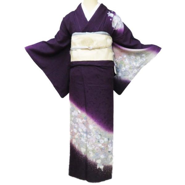 訪問着 着物 中古 正絹 袷 フォーマル 花の図 辻が花 絞り 葡萄色 多色  