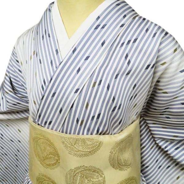 小紋 着物 中古 正絹 袷 カジュアル 縦縞模様 斜め格子 白色 灰青色 多色 身丈168.5cm 裄71cm L トール きもの北條 A1119-12 小紋 着物 中古 正絹 袷 カジュアル 縦縞模様 斜め格子 白色 灰青色 多