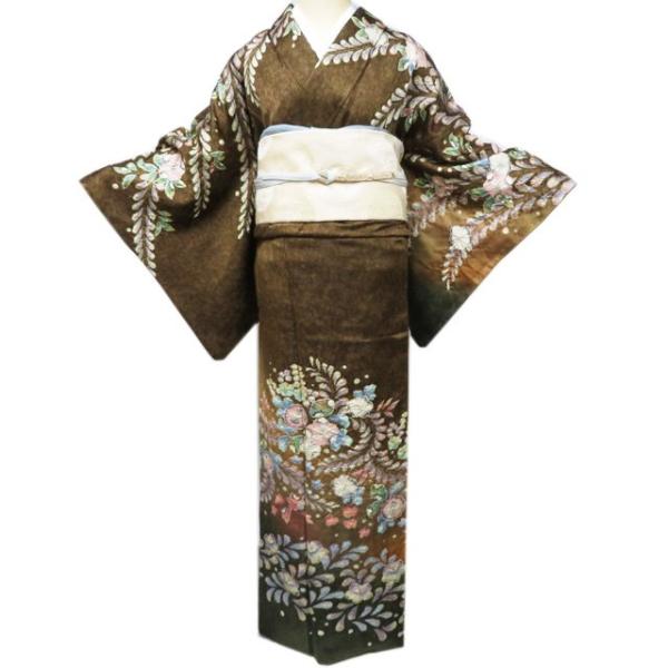 訪問着 着物 中古 正絹 袷 フォーマル 花の図 辻が花 絞り 銀通し 茶色 多色 身丈163cm 裄66cm L きもの北條 A1128-4 訪問着 着物 中古 正絹 袷 フォーマル 花の図 辻が花 絞り 銀通し 路考