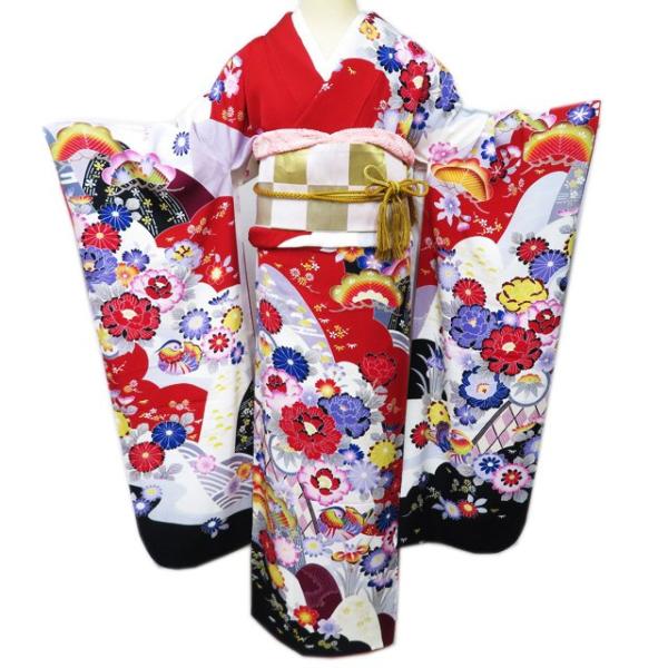 特選 振袖 着物 中古 正絹 花模様 菊 牡丹 桜 波に鴛鴦 白色 赤色 黒色 多色 身丈166cm 裄66cm L トール きもの北條 A1136-9 特選 振袖 着物 中古 正絹 花模様 菊 牡丹 桜 波に鴛鴦 白色 赤色 黒色
