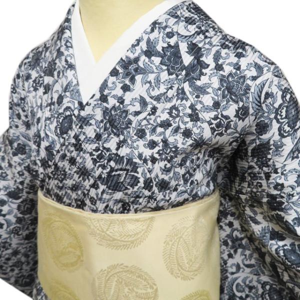 小紋 着物 中古 正絹 単衣 カジュアル 花模様 更紗模様 白鼠色 墨色 