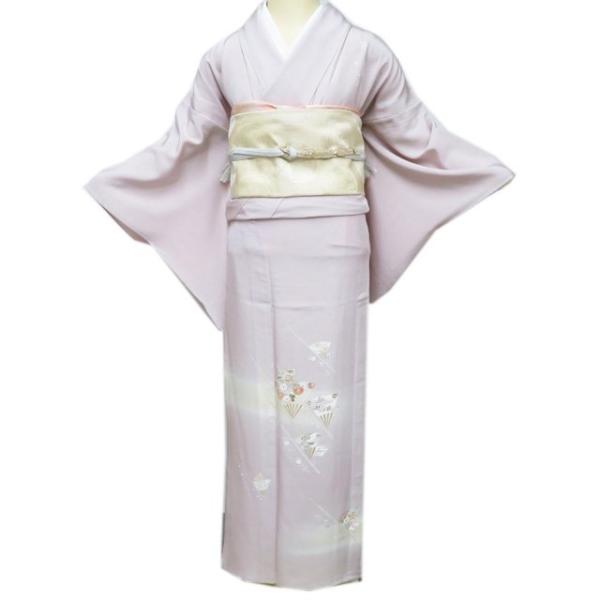 付下げ 付け下げ 訪問着 着物 中古 単衣 花の図 扇子 暈し 灰梅色 多色 