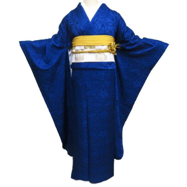 振袖 着物 中古 正絹 地模様 松竹梅模様 紺色 身丈168cm 裄67.5cm L  