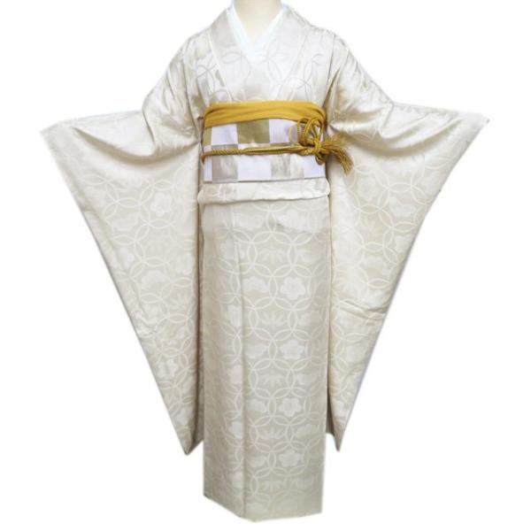 振袖 着物 中古 正絹 地模様 松竹梅模様 象牙色 身丈170cm 裄68.5cm L  