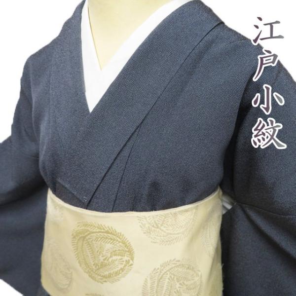 小紋 江戸小紋 着物 中古 正絹 袷 カジュアル 角通し 濃紺色 身丈164.5  