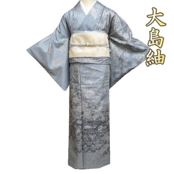 大島紬 着物 中古 正絹 袷 セミフォーマル 花模様 銀鼠色 墨色 金 身丈