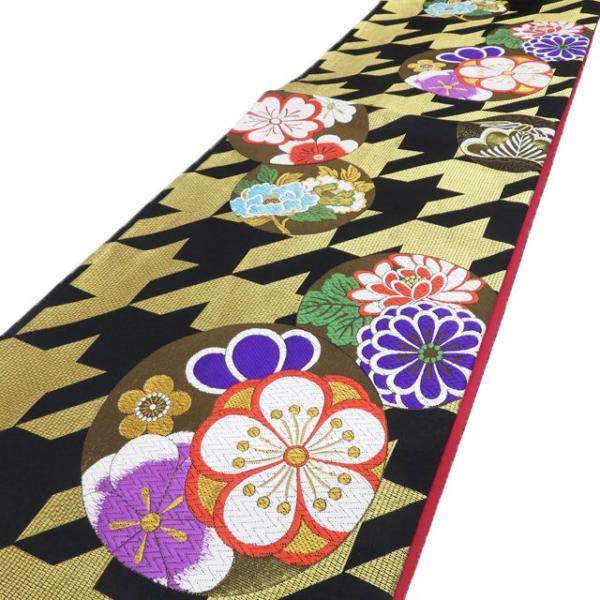 袋帯 振袖用 中古 リサイクル 正絹 フォーマル 仕立て上がり 六通 千鳥格子に花模様 箔糸 黒色 多色 金 きもの北條 A1157-14 袋帯 振袖用 中古 リサイクル 正絹 フォーマル 仕立て上がり 六通 千鳥
