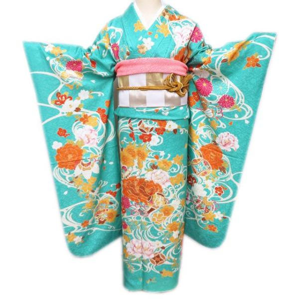 半額 振り袖 金駒刺繍 桜 松 花車 宝尽くし 裄71 トールサイズ Y1157 振袖 着物 中古 正絹 金駒刺繍 花模様 桜散らし 宝物 淡い翡翠色