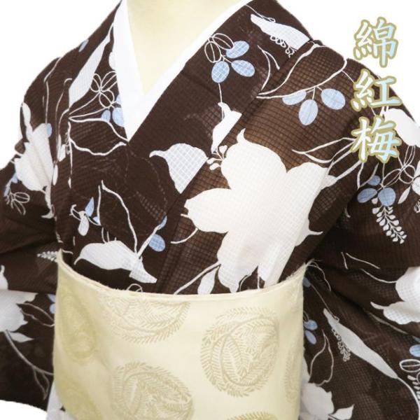 特選 夏物 小紋 浴衣 着物 中古 木綿 カジュアル 綿紅梅 植物文様 萩 焦茶色 多色 身丈159cm 裄68cm M きもの北條 A1162-11 kimono-hojo_a1162-11