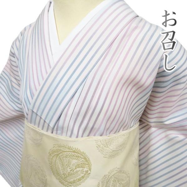 特選 夏物 お召し 御召 着物 中古 正絹 カジュアル 縦縞模様 暈し 白色 