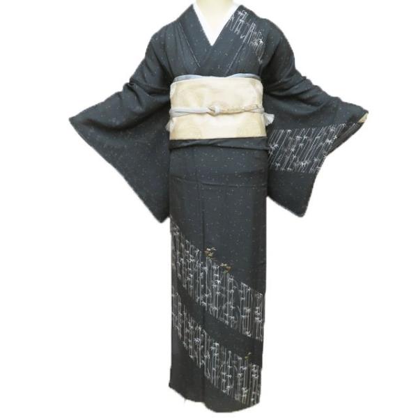 夏物 付下げ 付け下げ 訪問着 着物 未使用 正絹 竹文 反端付き 墨色 多