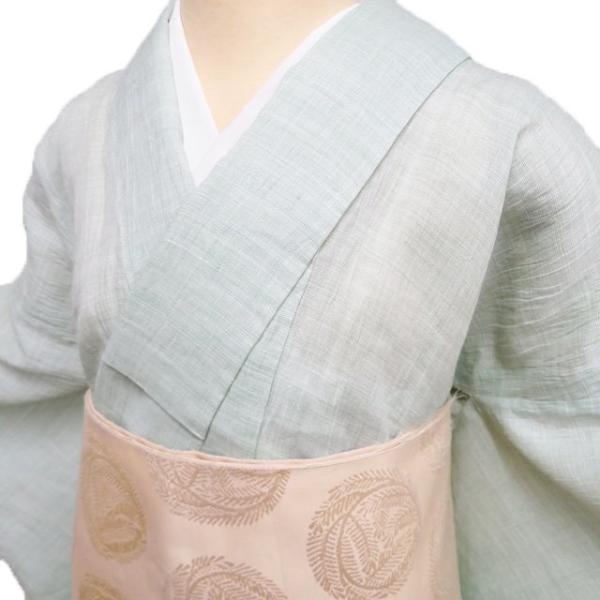 特選 小千谷縮 夏物 着物 中古 麻 カジュアル 薄緑色 身丈164cm 裄68cm  