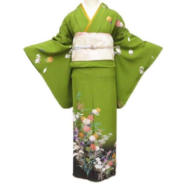 訪問着 着物 中古 正絹 袷 金駒刺繍 花の図 秋草 縮緬地 鶸萌黄色 多色 金 身丈171cm 裄71.5cm L トール きもの北條 A1175-9 訪問着 着物 中古 正絹 袷 金駒刺繍 花の図 秋草 縮緬地 鶸萌黄色 多色