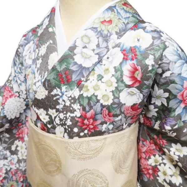 小紋 着物 中古 正絹 袷 カジュアル 花模様 灰汁色 多色 金 身丈168.5cm 裄67.5cm L トール きもの北條 A1178-1 小紋 着物 中古 正絹 袷 カジュアル 花模様 灰汁色 多色 金 身丈168.5