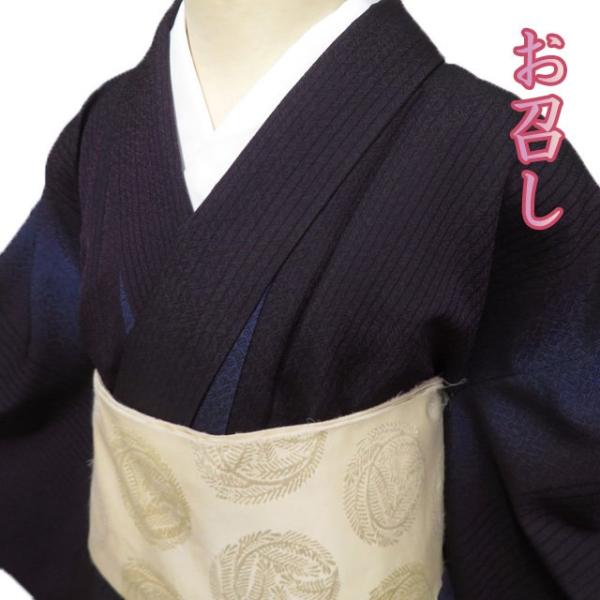 お召し 御召 着物 中古 正絹 袷 カジュアル 文字文様 地模様 至極色 今  