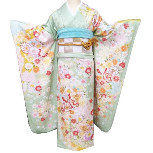 振袖 着物 中古 正絹 金駒刺繍 花模様 桜 菊 地模様 銀通し 若緑色 多色 金 身丈175cm 裄75.5cm L トール きもの北條 A1184-2 振袖 着物 中古 正絹 金駒刺繍 花模様 桜 菊 地模様 銀通し 若緑色 多
