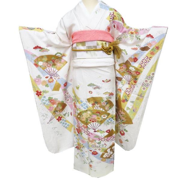 振袖 着物 中古 正絹 金駒刺繍 扇子に花模様 宝物 地模様 銀通し