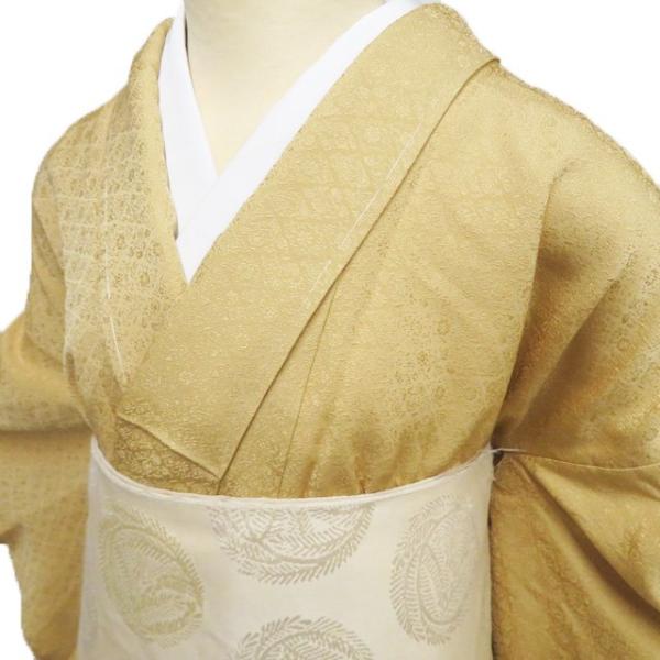 新品　色無地　(菱形地模様) 色無地 着物 未使用 正絹 袷 フォーマル 紋付き 地模様 花菱模様 飴色