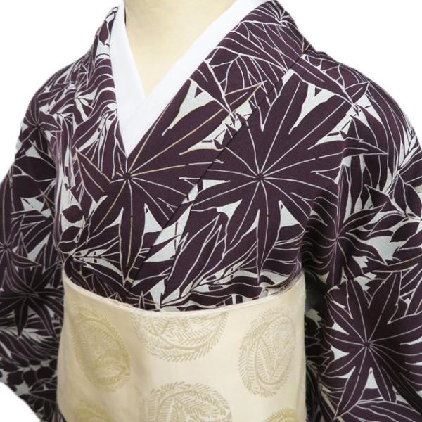 小紋 着物 中古 リサイクル 正絹 袷 カジュアル 植物模様 反端付き 白緑色 焦茶色 金 身丈154cm 裄63cm SA きもの北條 A1199-2 小紋 着物 中古 リサイクル 正絹 袷 カジュアル 植物模様 反端付き 白