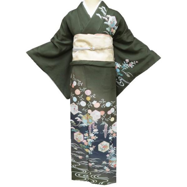 訪問着 着物 中古 正絹 袷 作家物 落款 亀甲に花の図 反端付き 暈し 柳煤竹色 多色 金 身丈160cm 裄68.5cm M きもの北條 A1201-8 kimono-hojo_a1201-8