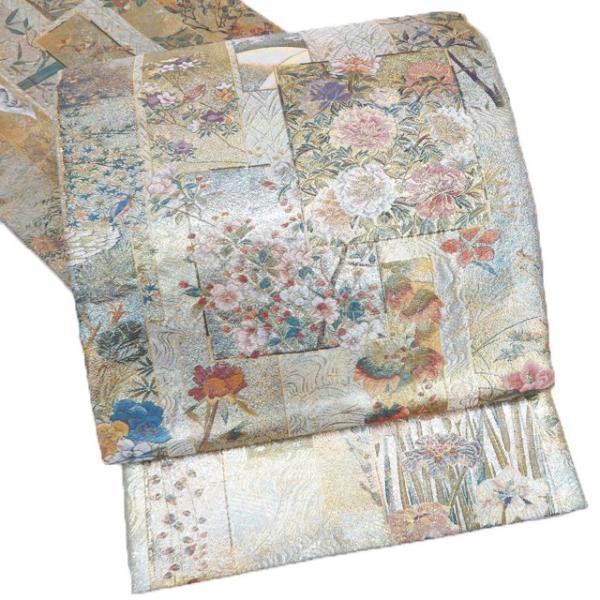 ♡名作！光正作！プラチナ焼箔の袋帯♡ 袋帯 中古 西陣 あさぎ 正絹 フォーマル 本金箔 本プラチナ箔 近代花鳥