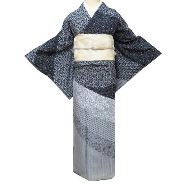 訪問着 着物 中古 正絹 袷 伝統工芸士 築山政春 落款 笹蔓緞子 花菱 縞 松葉 黒色 身丈168cm 裄68.5cm L トール きもの北條 A1214-5 訪問着 着物 中古 正絹 袷 伝統工芸士 築山政春 落款 笹蔓緞子 花菱 縞