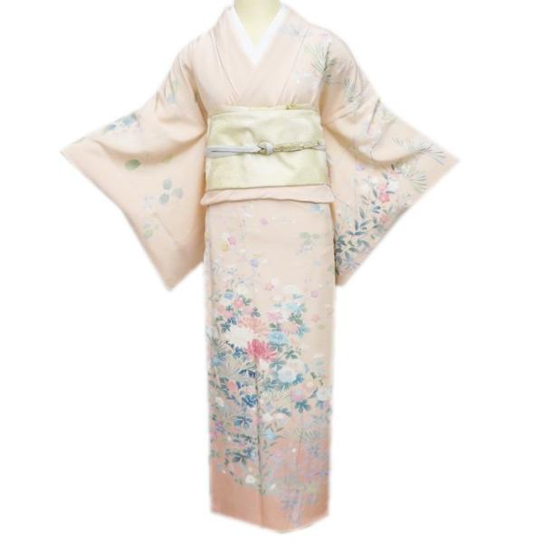 訪問着 着物 中古 正絹 袷 フォーマル 作家物 松雨 落款 花の図 暈し 薄い洗柿色 多色 身丈160cm 裄63cm M きもの北條 A1269-10 訪問着 着物 中古 正絹 袷 フォーマル 作家物 松雨 落款 花の図 暈し