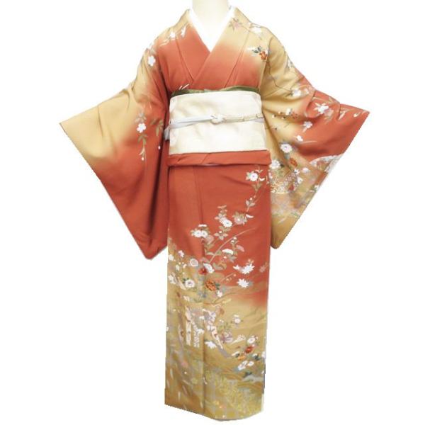 訪問着 着物 中古 正絹 袷 フォーマル 金駒刺繍 花の図 扇子 鶴 霞