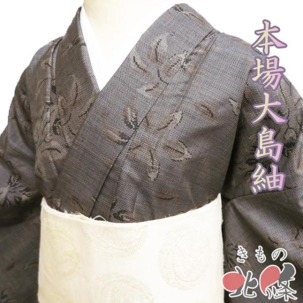 本場 大島紬 着物 中古 正絹 袷 カジュアル 草花文様 ラベル付き 焦