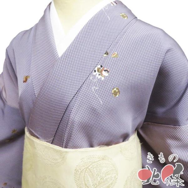 小紋 着物 中古 正絹 袷 カジュアル 行儀に玩具文様 紫系色 身丈171cm 裄68cm L トール きもの北條 A1331-6 小紋 着物 中古 正絹 袷 カジュアル 行儀に玩具文様 紫系色 身丈171cm