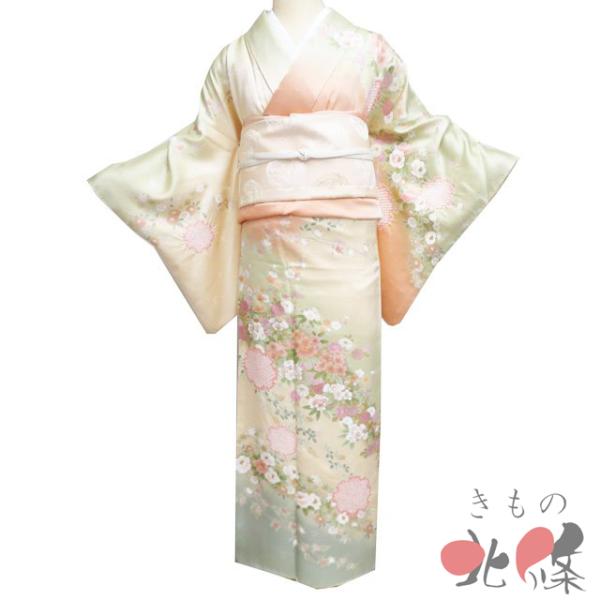 本加工 訪問着 着物 中古 正絹 袷 金駒刺繍 花の図 雪輪 薄い茶鼠色 多色 金 身丈156.5cm 裄65cm M きもの北條 A1341-13 訪問着 着物 中古 正絹 袷 金駒刺繍 花の図 絞り染め 雪輪 地模様 薄