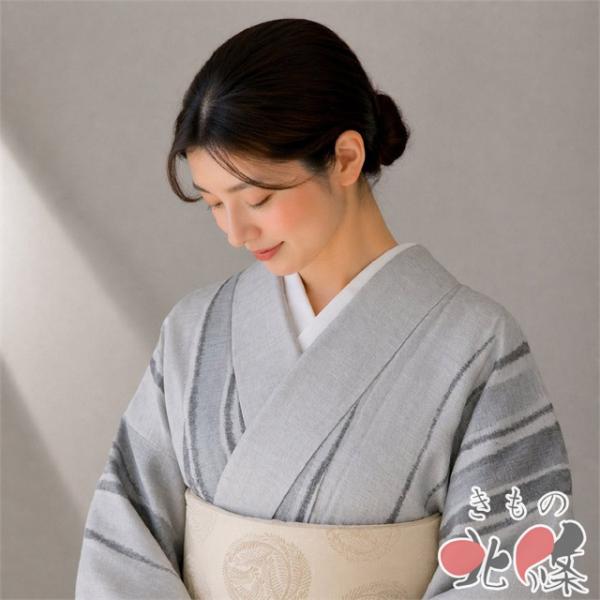 単衣 着物 紗紬 身丈158 裄丈64.5 正絹 十日町紬 薄物 黒地 絣柄 紬地 着物 中古 正絹 単衣 カジュアル 縦段模様 グレー系色 身丈158cm