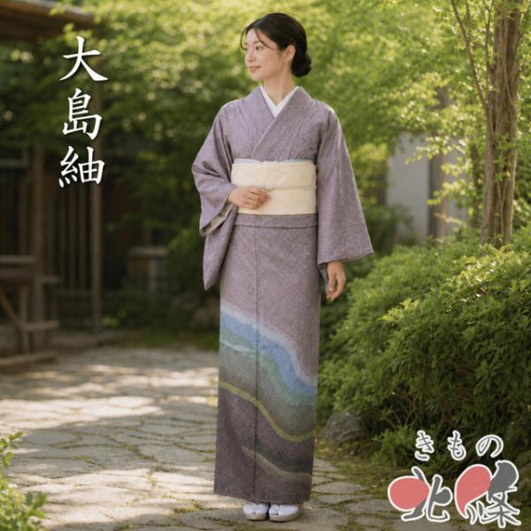 大島紬 着物 未使用 正絹 袷 セミフォーマル 波を思わせる抽象模様 銀