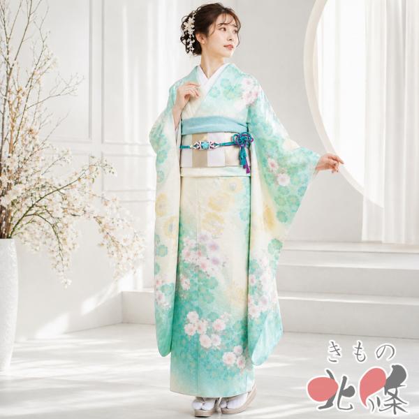 振袖 着物 中古 成人式 結婚式 結納 正絹 花の図 桜 銀通し 淡黄蘗色 