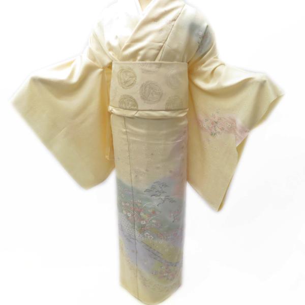 ☆きもの北條☆ 仮絵羽 片輪車に花の図 淑やかな和の装いに 練色 訪問 