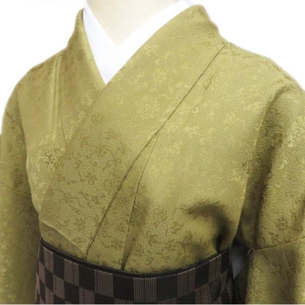 御茶着 お茶着 茶道 紋付 淡い柳茶色 着物 色無地 A818-5 L 【中古】