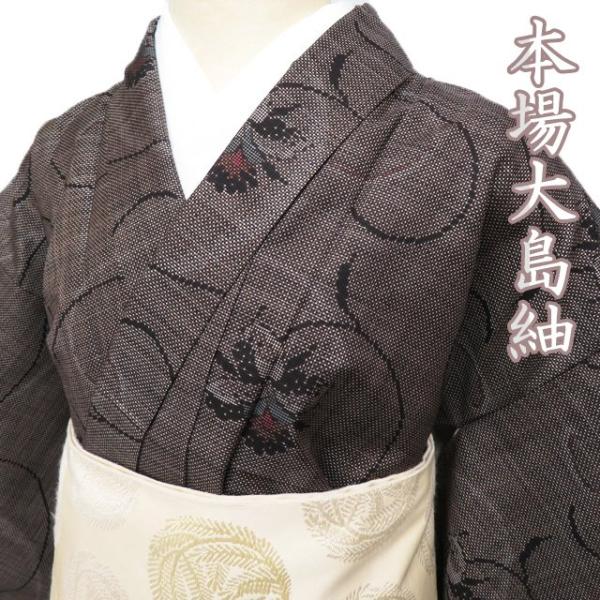 本場縞大島紬 付下げ訪問着 正絹 染分け 華文 花唐草 吉祥文様 イ6028 本場縞大島紬 付下げ訪問着 正絹 染分け 華文 花唐草 吉祥文様 イ6028