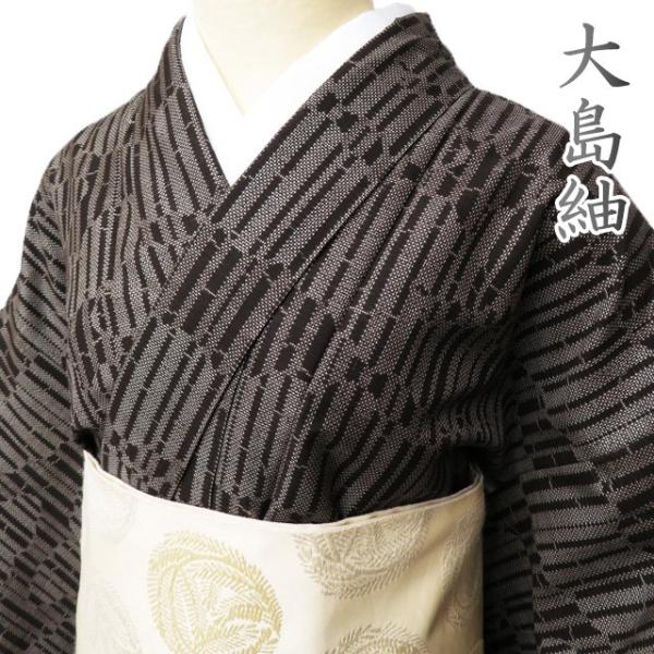 大島紬 着物 中古 正絹 袷 カジュアル 雲模様 竹模様 焦茶色 身丈161cm 