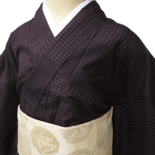 紬 着物 中古 正絹 袷 カジュアル 格子模様 線模様 黒鳶色 身丈158cm  