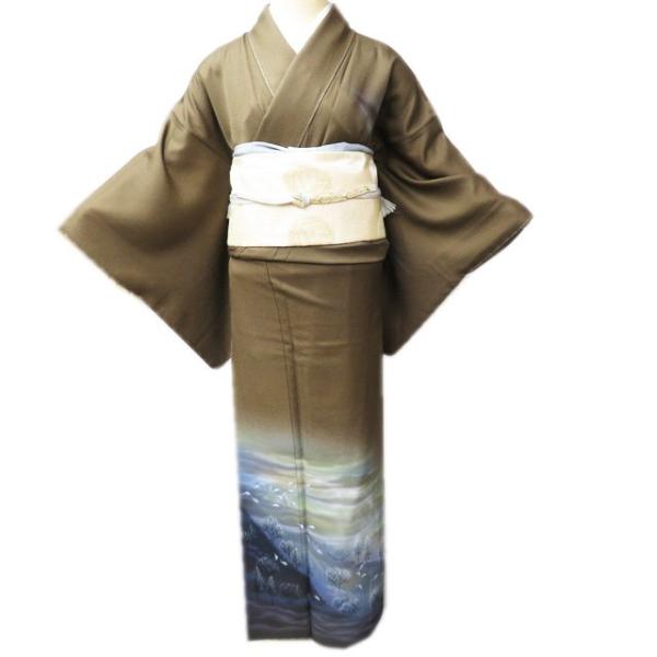 付下げ 付け下げ 着物 正絹 中古 袷 フォーマル 風景 遠山 木々 海松色 